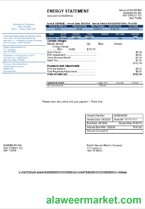 USA California PG&E (Pacific Gas and Electric Company) business utility bill template in Word and PDF formats, version 2